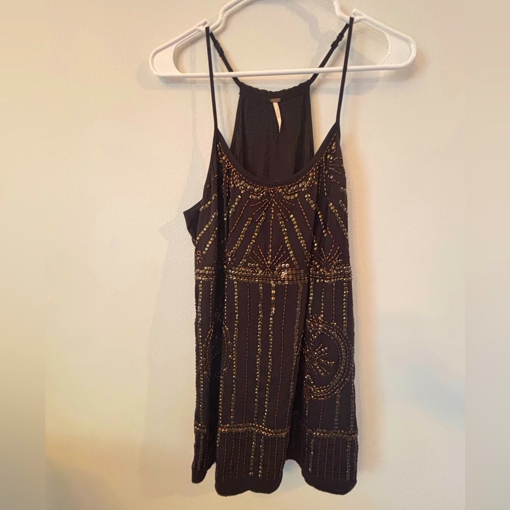 Free People Sedona Embellished Black and Gold Sequin Mini Slip Dress - Picture 2 of 11